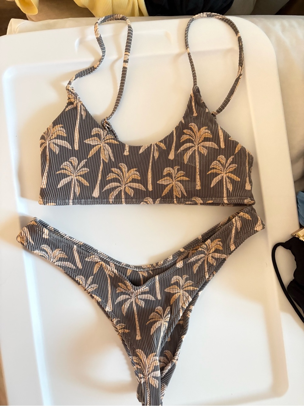 Palm-Print Ribbed Bikini Set - Taupe Palm